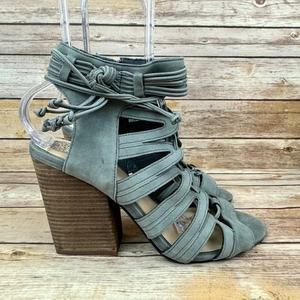 Vince Camuto Women's Gray Leather Lace Up Gladiator Block Heel Boho Sandals 10
